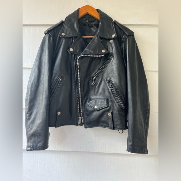 Schott Vintage 90S Perfecto Style Laced Back Black Leather Biker Jacket 10 - Picture 1 of 16